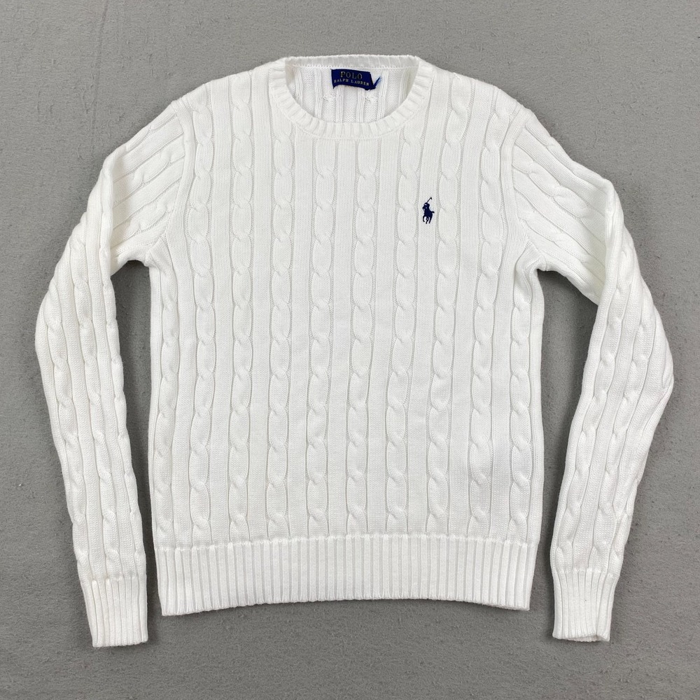 Polo Ralph Lauren Womens Cable Knit crew neck Sweater White XS Preppy pony
